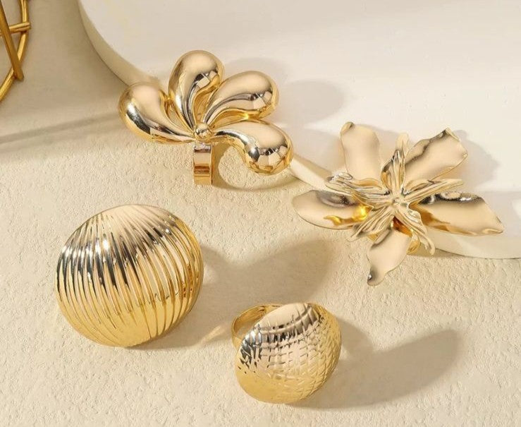 Luxury Gold Statement Rings Set for Women | Adjustable Floral & Textured Cocktail Rings (4 pcs)