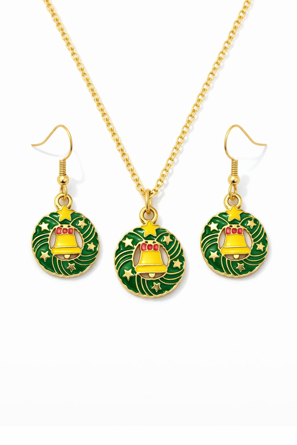 Gold Plated Green Christmas Wreath Bell Pendant Necklace Set with Matching Earrings | Festive Jewelry for Women & Girls