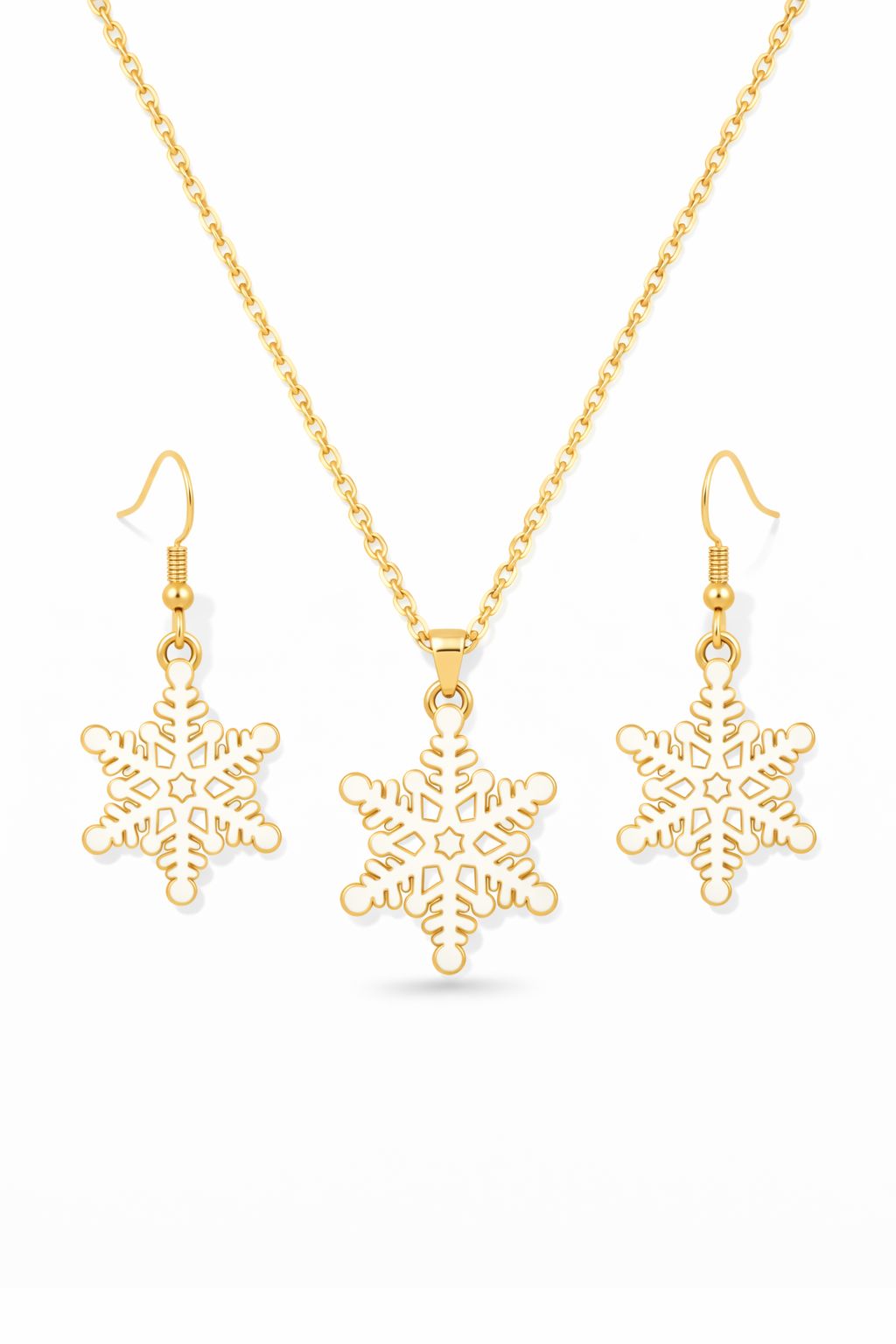 Gold Plated Snowflake Pendant Necklace Set with Matching Earrings | Elegant Winter & Christmas Jewelry for Women & Girls