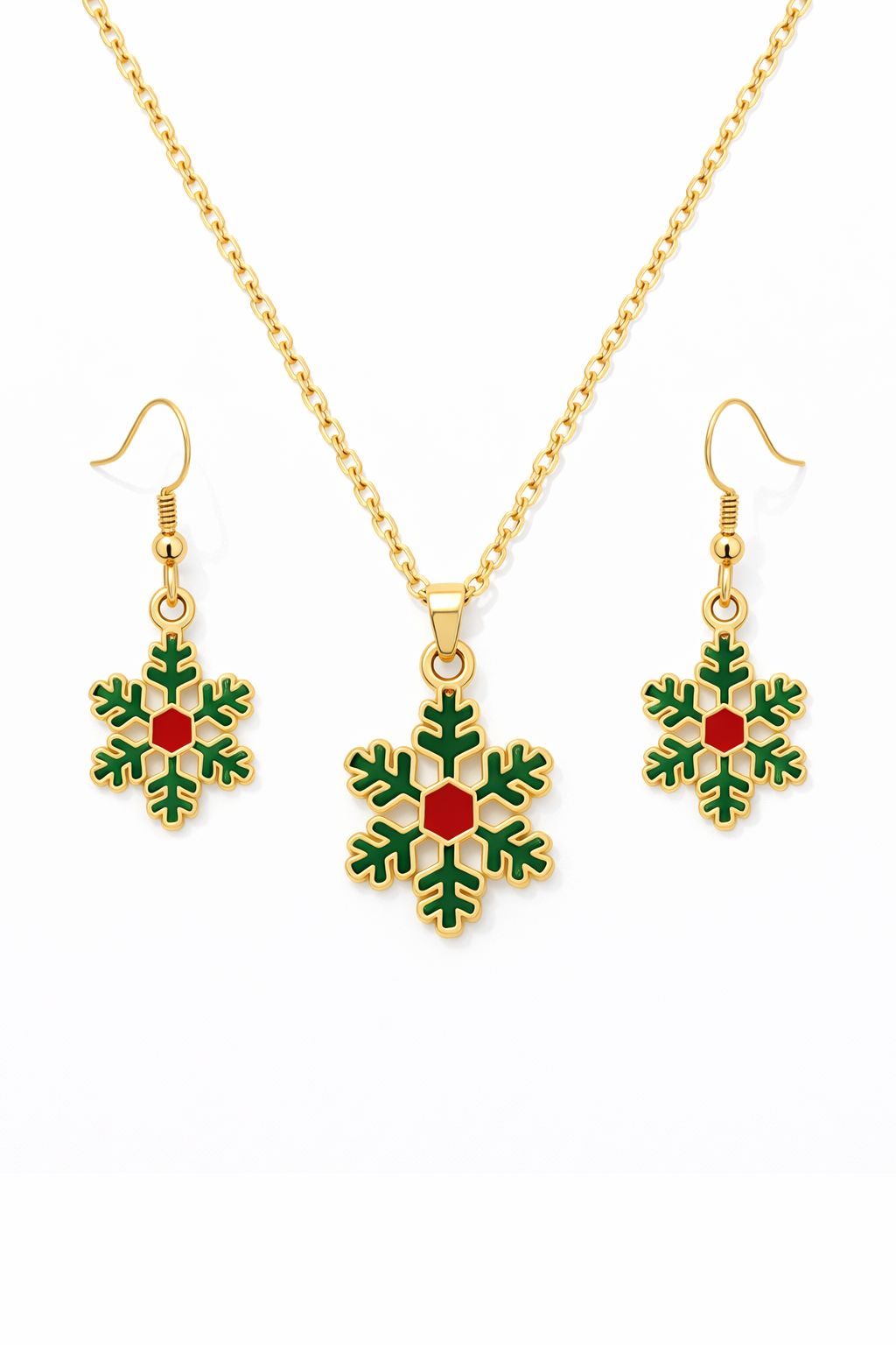 Gold Plated Green Snowflake Pendant Necklace Set with Matching Earrings | Festive Christmas Jewelry for Women & Girls