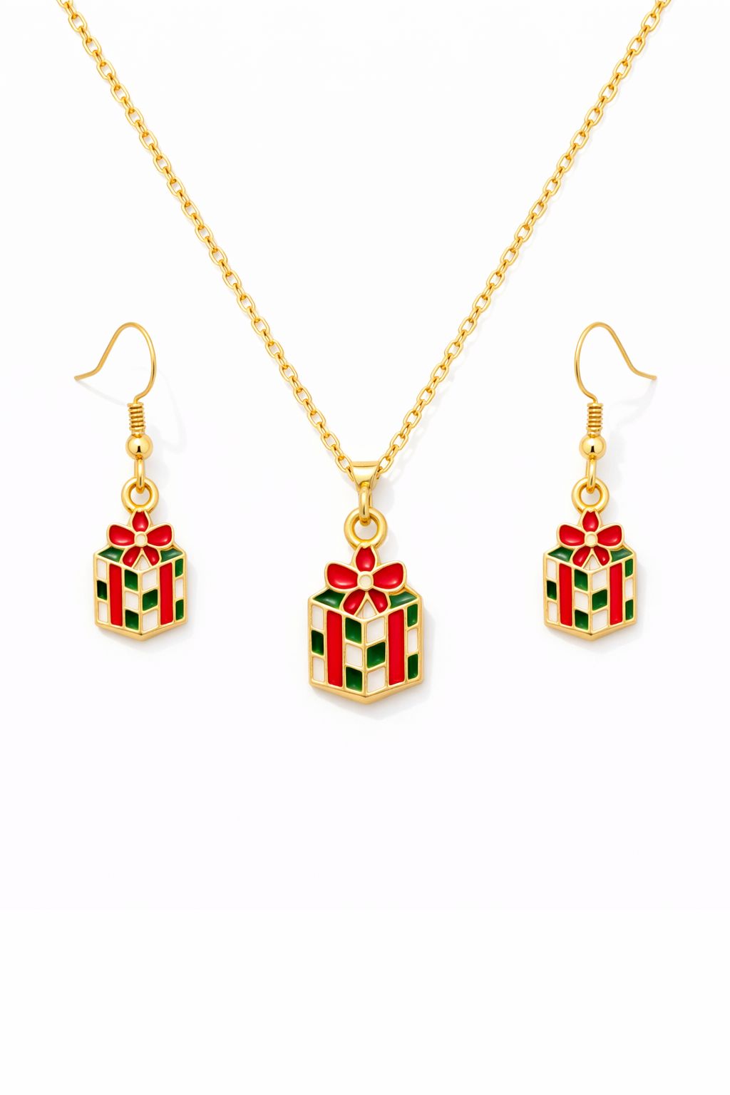 Gold Plated Christmas Gift Box Pendant Necklace Set with Matching Earrings | Festive Holiday Jewelry for Women & Girls