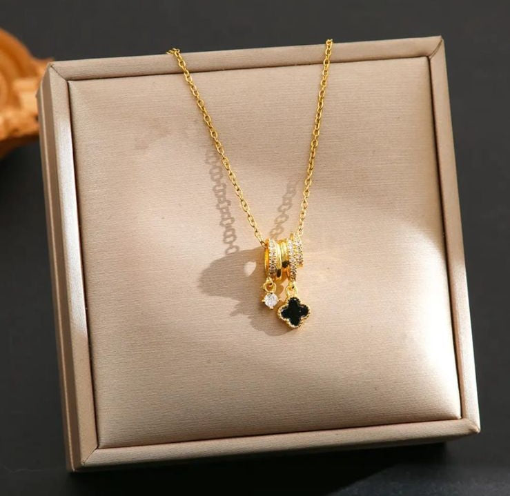 Gold Plated Charm Pendant Necklace for Women & Girls | Black Clover & Crystal Dangle Pendant | Elegant Daily Wear Jewellery Gift