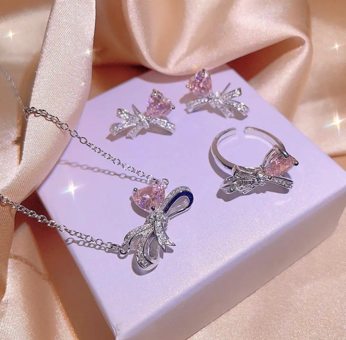 ๐ Elegant Pink Crystal Bow Jewelry Set