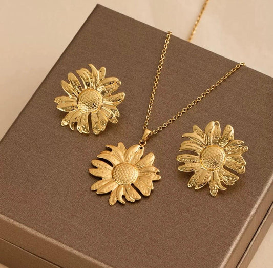 Gold Plated Sunflower Necklace Set with Matching Earrings for Women | Floral Statement Jewelry
