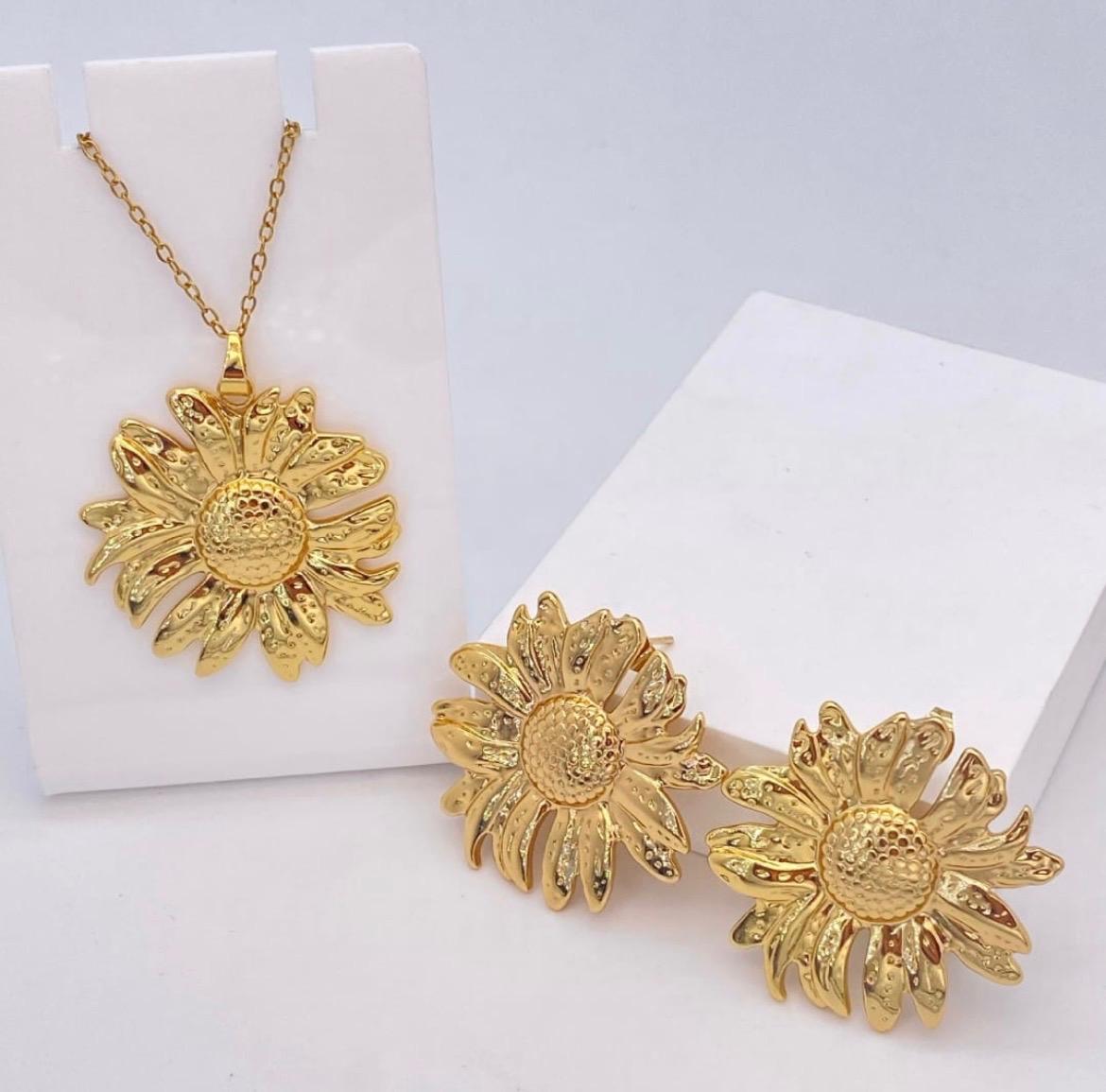 Gold Plated Sunflower Necklace Set with Matching Earrings for Women | Floral Statement Jewelry