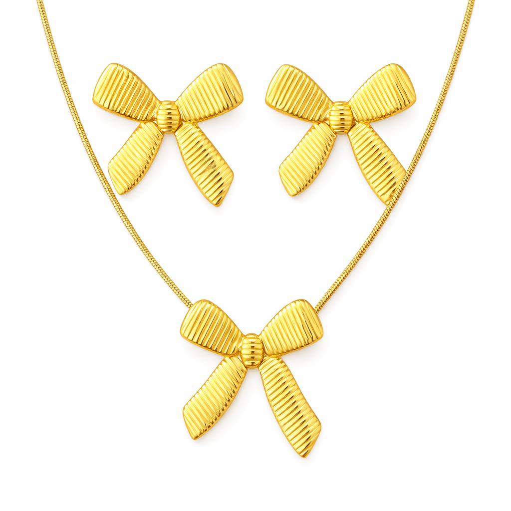 Gold Plated Bow Design Necklace Set with Matching Earrings for Women | Elegant Minimal Jewellery Set