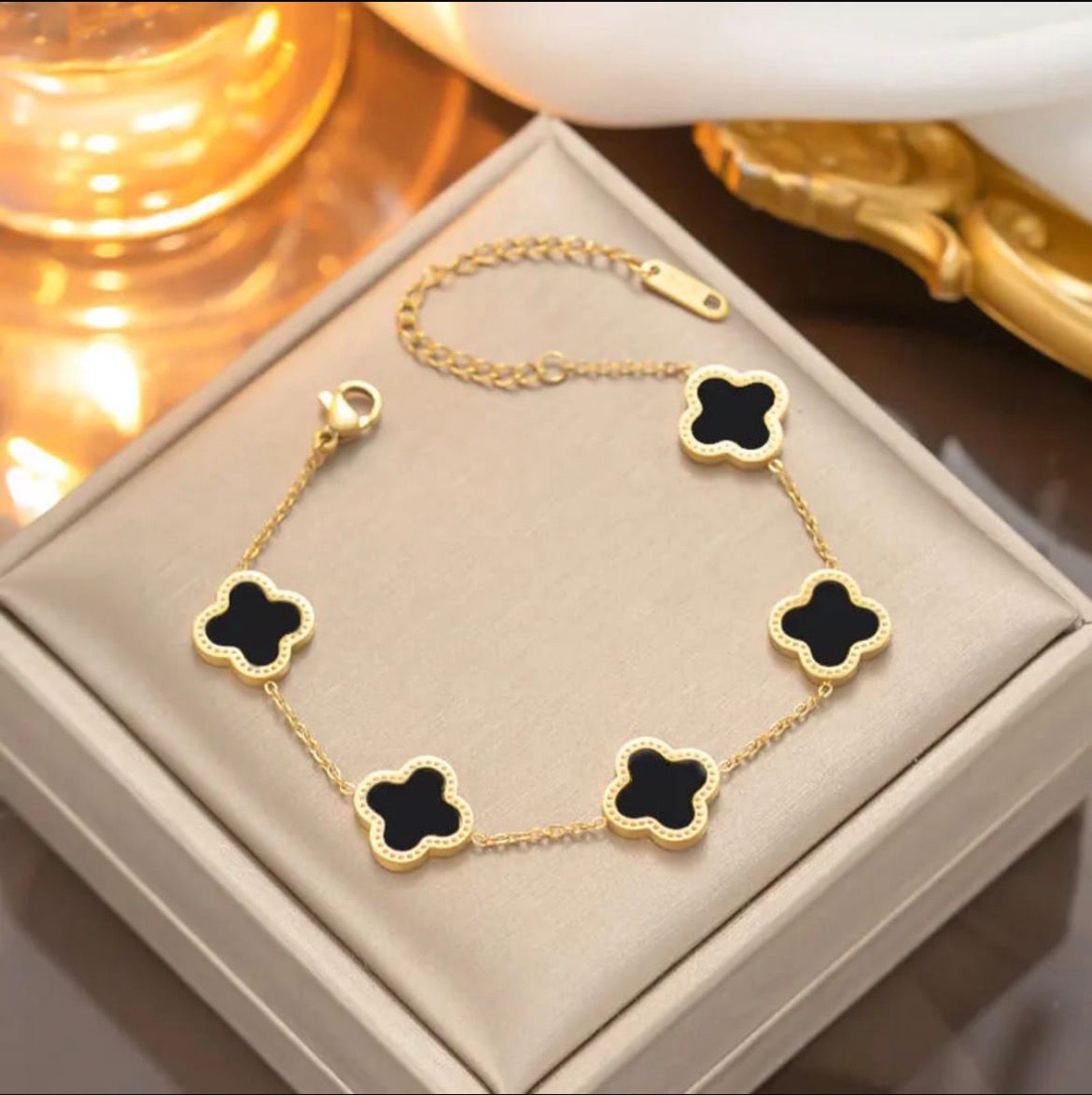 Elegant Black Clover Gold Plated Jewellery Set for Women (Necklace, Bracelet & Earrings)