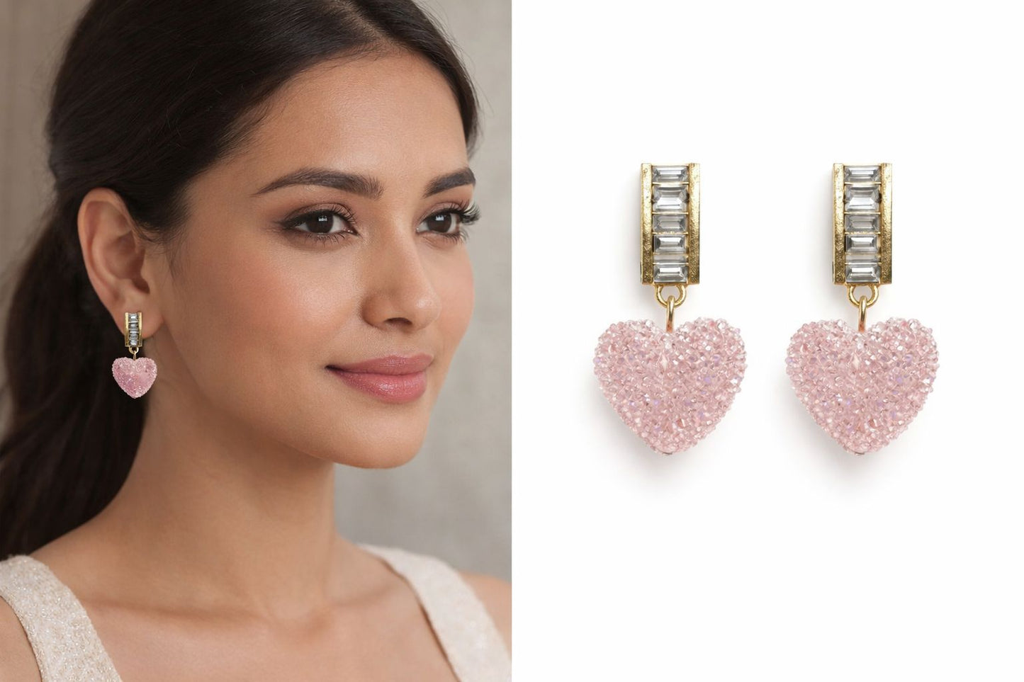 Pink Heart Drop Earrings for Women | Gold Plated Crystal Statement Earrings