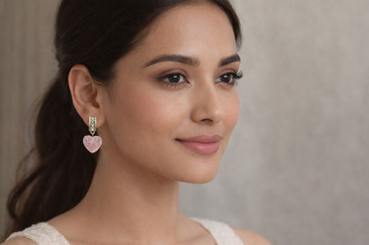 Pink Heart Drop Earrings for Women | Gold Plated Crystal Statement Earrings