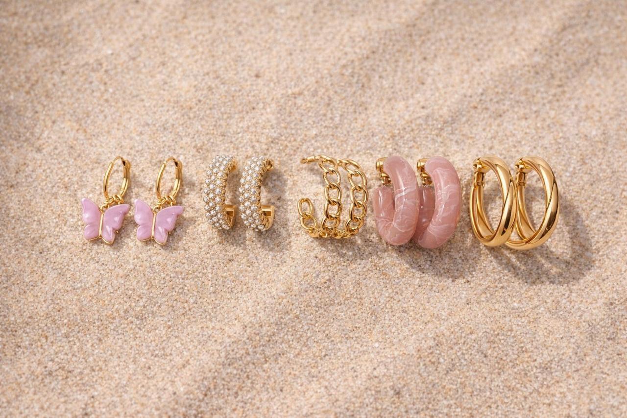 Premium Gold & Pink Hoop Earrings Combo for Women (6 Pairs)