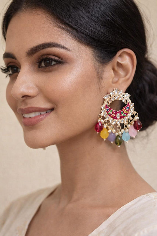 Multicolour Kundan Chandbali Earrings with Pearl Drops