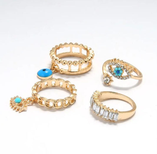 Trendy Gold Evil Eye Ring Set for Women | Adjustable Charm & Crystal Rings Combo (4 pcs)