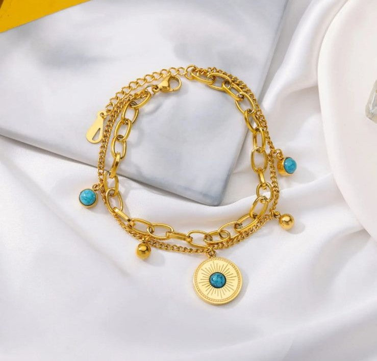 ✨ Gold Evil Eye Charm Bracelet (Layered Chain Design)