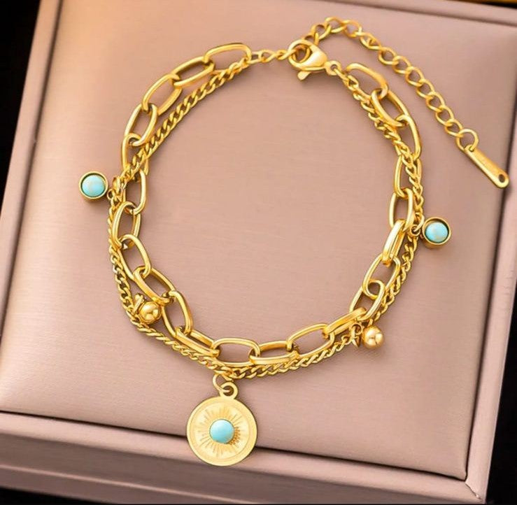 ✨ Gold Evil Eye Charm Bracelet (Layered Chain Design)