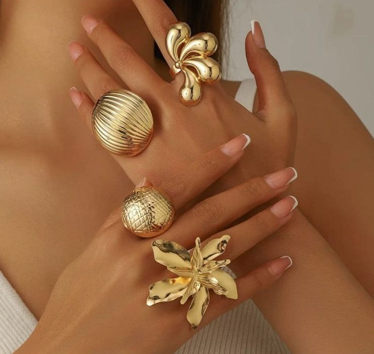 Luxury Gold Statement Rings Set for Women | Adjustable Floral & Textured Cocktail Rings (4 pcs)