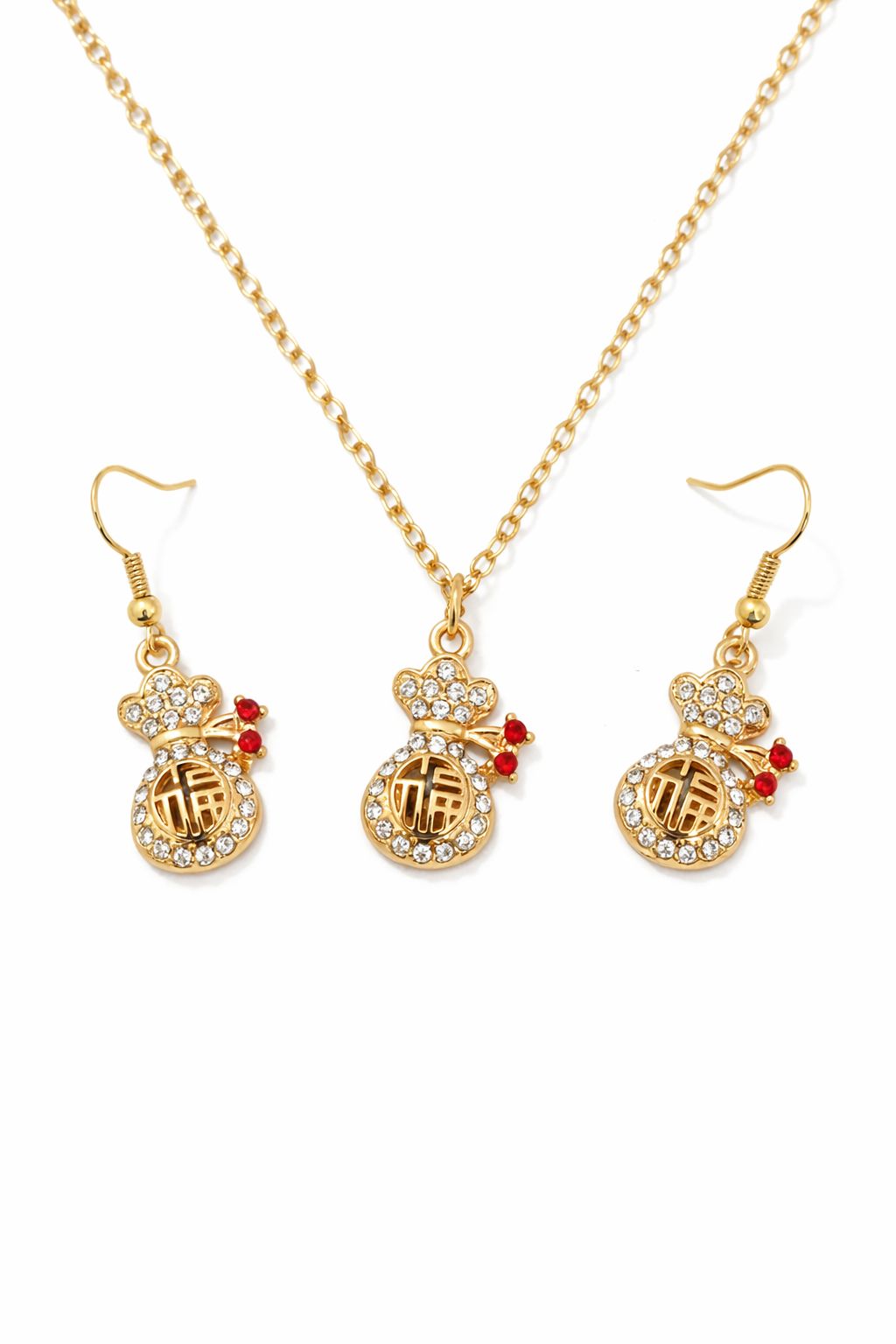 ✨ Gold Lucky Charm Necklace & Earrings Set (Crystal Money Bag Design)