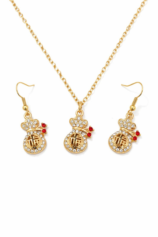 ✨ Gold Lucky Charm Necklace & Earrings Set (Crystal Money Bag Design)