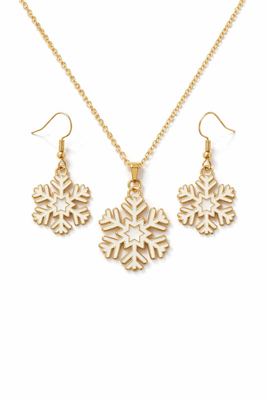 Gold Plated Snowflake Pendant Necklace with Matching Earrings Set for Women & Girls