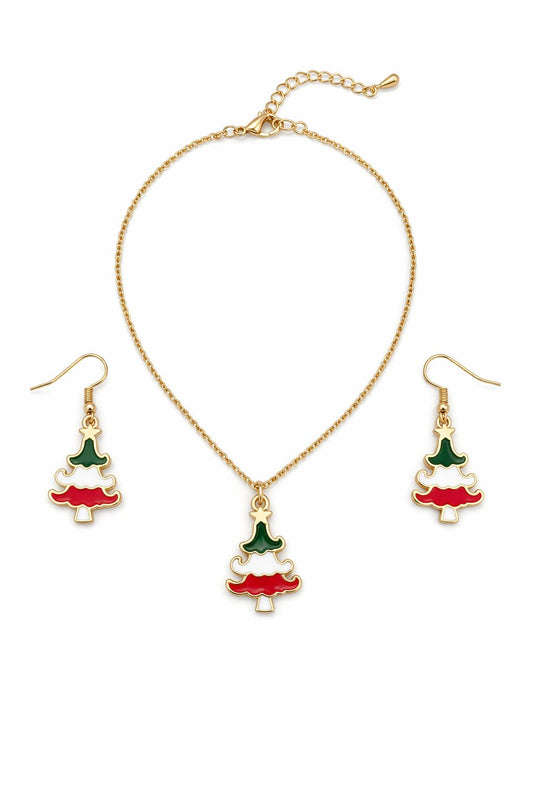 Gold Plated Christmas Tree Pendant Necklace with Earrings – Alloy Festive Jewelry Set