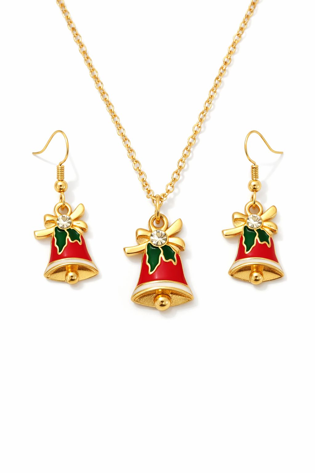 Gold Plated Christmas Bell Pendant Necklace with Earrings – Alloy Festive Jewelry Set