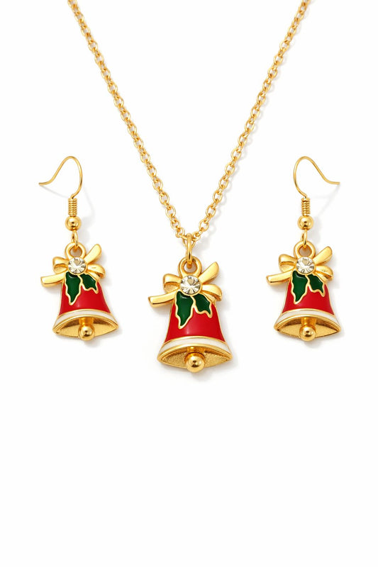 Gold Plated Christmas Bell Pendant Necklace with Earrings – Alloy Festive Jewelry Set