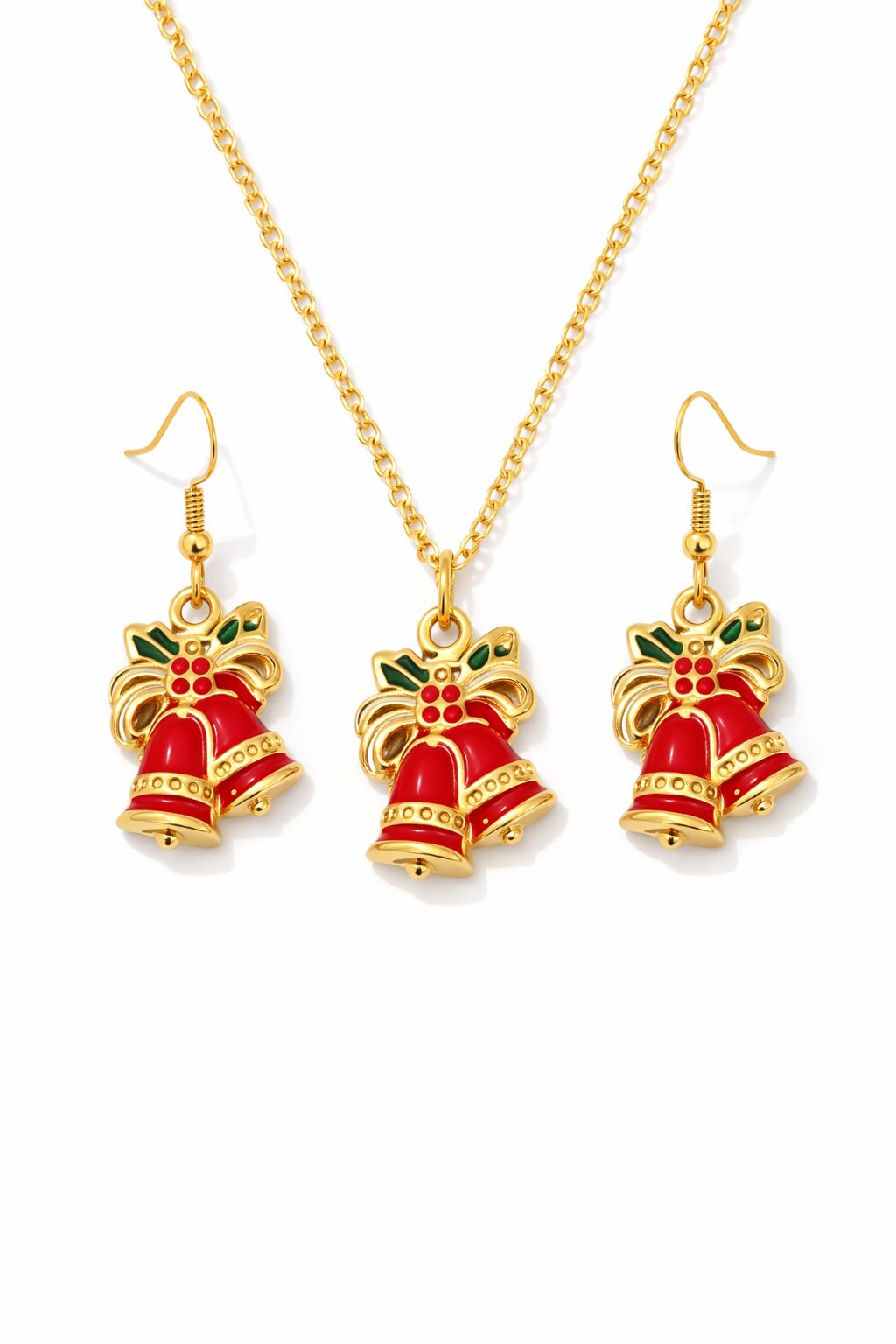 Gold Plated Red Enamel Bell Pendant Necklace Set with Matching Earrings | Festive Christmas Jewelry for Women & Girls