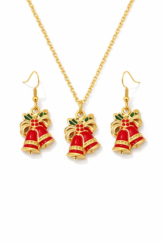 Gold Plated Red Enamel Bell Pendant Necklace Set with Matching Earrings | Festive Christmas Jewelry for Women & Girls