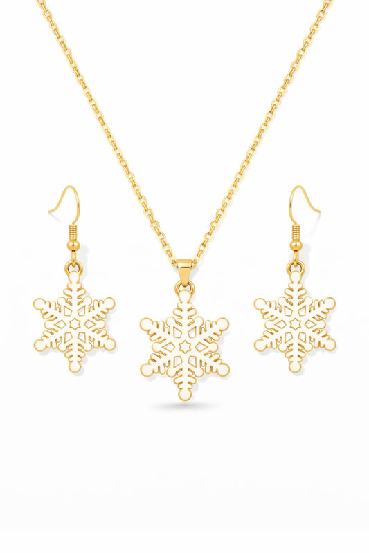 Gold Plated Snowflake Pendant Necklace Set with Matching Earrings | Elegant Winter & Christmas Jewelry for Women & Girls