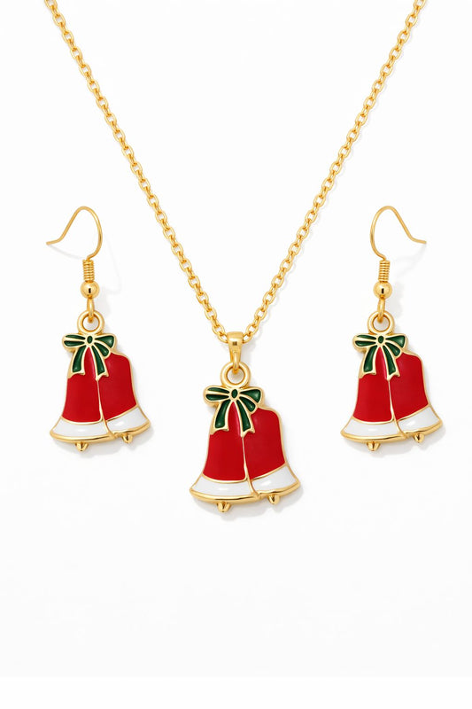 Gold Plated Red Christmas Bell Pendant Necklace Set with Matching Earrings | Festive Holiday Jewelry for Women & Girls