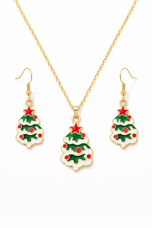 Gold Plated Christmas Tree Pendant Necklace Set with Matching Earrings | Festive Holiday Jewelry for Women & Girls