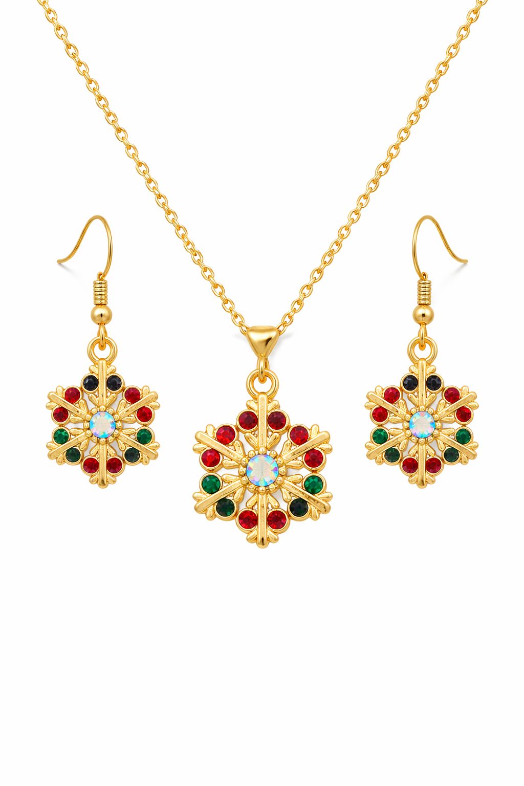 Gold Plated Crystal Snowflake Pendant Necklace Set with Matching Earrings | Festive Multicolor Stone Jewelry for Women & Girls