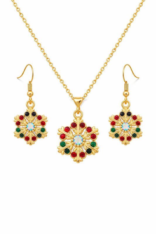 Gold Plated Crystal Snowflake Pendant Necklace Set with Matching Earrings | Festive Multicolor Stone Jewelry for Women & Girls