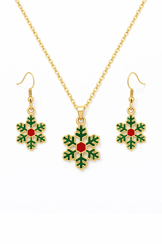 Gold Plated Green Snowflake Pendant Necklace Set with Matching Earrings | Festive Christmas Jewelry for Women & Girls