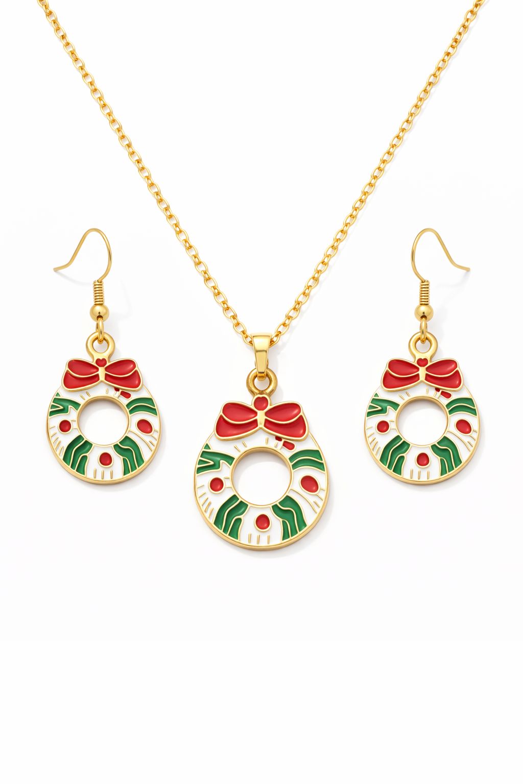 Gold Plated Christmas Wreath Bow Pendant Necklace Set with Matching Earrings | Festive Holiday Jewelry for Women & Girls