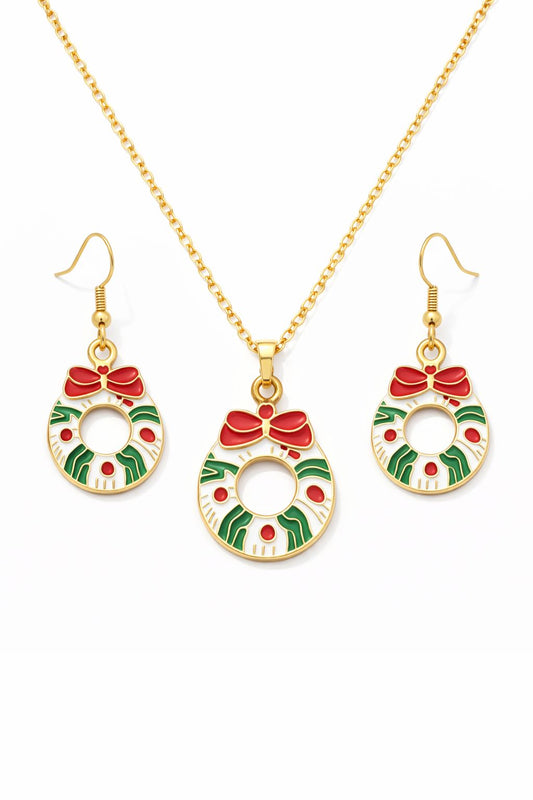Gold Plated Christmas Wreath Bow Pendant Necklace Set with Matching Earrings | Festive Holiday Jewelry for Women & Girls