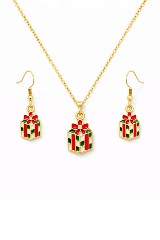 Gold Plated Christmas Gift Box Pendant Necklace Set with Matching Earrings | Festive Holiday Jewelry for Women & Girls
