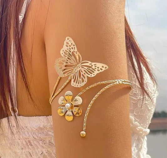 Elegant Butterfly Floral Arm Cuff Bracelet for Women – Gold Plated Adjustable Upper Arm Jewelry