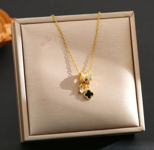Gold Plated Charm Pendant Necklace for Women & Girls | Black Clover & Crystal Dangle Pendant | Elegant Daily Wear Jewellery Gift