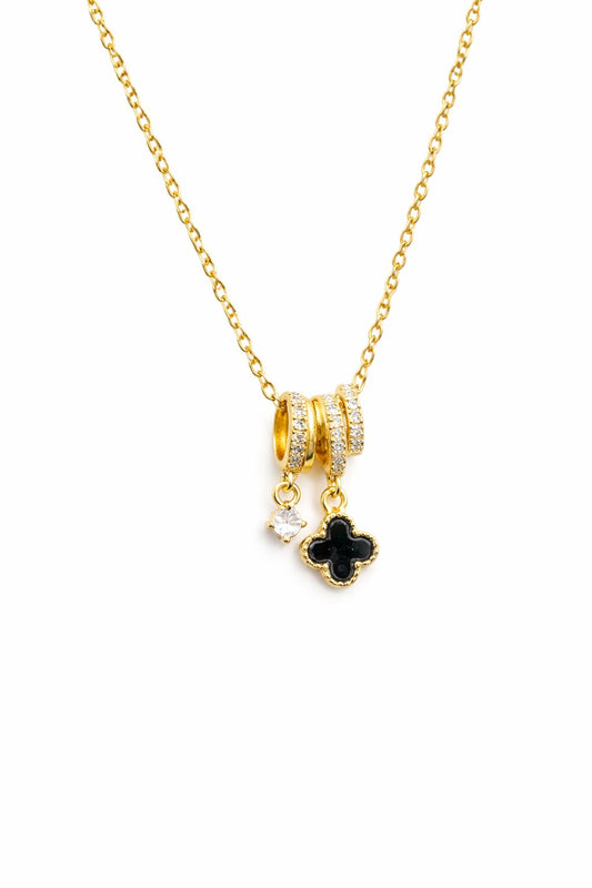 Gold Plated Charm Pendant Necklace for Women & Girls | Black Clover & Crystal Dangle Pendant | Elegant Daily Wear Jewellery Gift