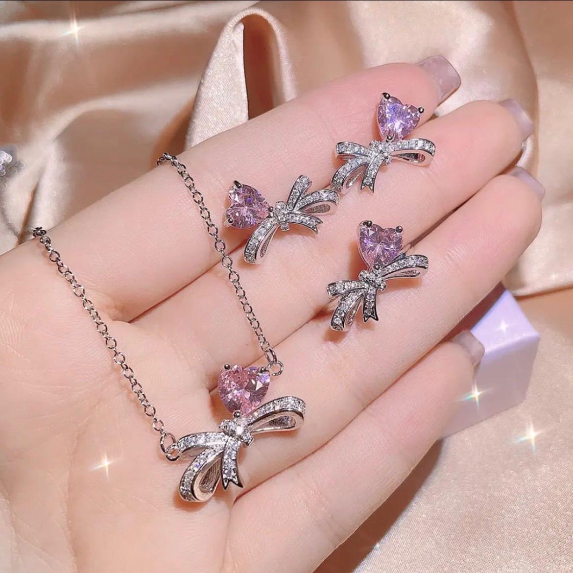 💖 Elegant Pink Crystal Bow Jewelry Set