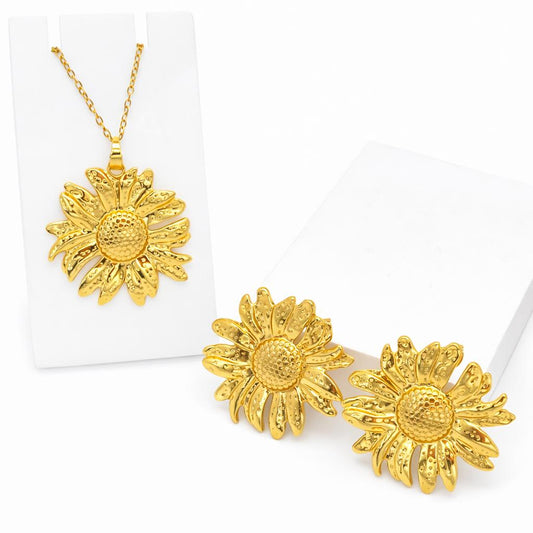 Gold Plated Sunflower Necklace Set with Matching Earrings for Women | Floral Statement Jewelry