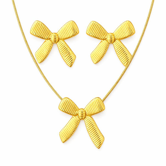 Gold Plated Bow Design Necklace Set with Matching Earrings for Women | Elegant Minimal Jewellery Set