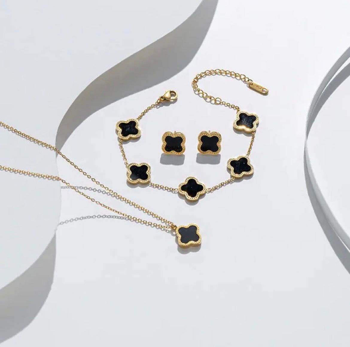 Elegant Black Clover Gold Plated Jewellery Set for Women (Necklace, Bracelet & Earrings)