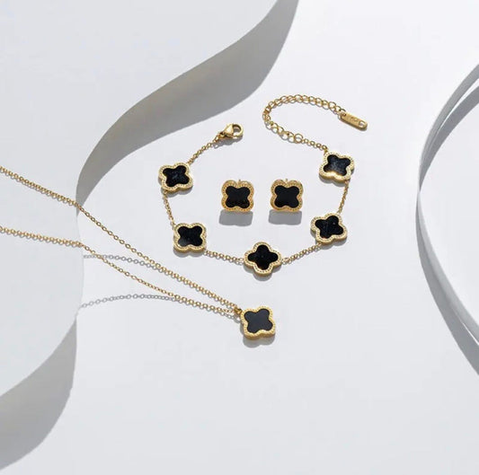 Elegant Black Clover Gold Plated Jewellery Set for Women (Necklace, Bracelet & Earrings)