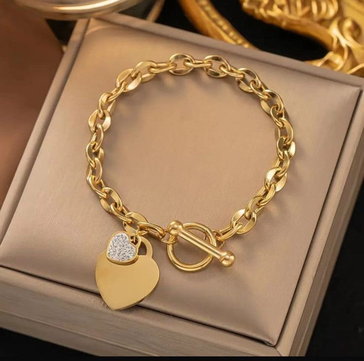 Premium Gold Plated Heart Charm Bracelet for Women | Stylish Chunky Chain Bracelet with Lock Design | Gift for Girls & Women