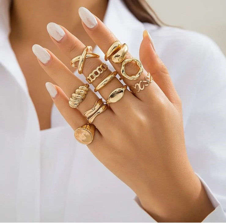 ✨ 10-Piece Gold Rings Combo – Trendy Stackable Minimal Jewelry Set