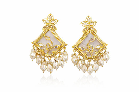 Gold Plated Kundan Pearl Chandelier Earrings