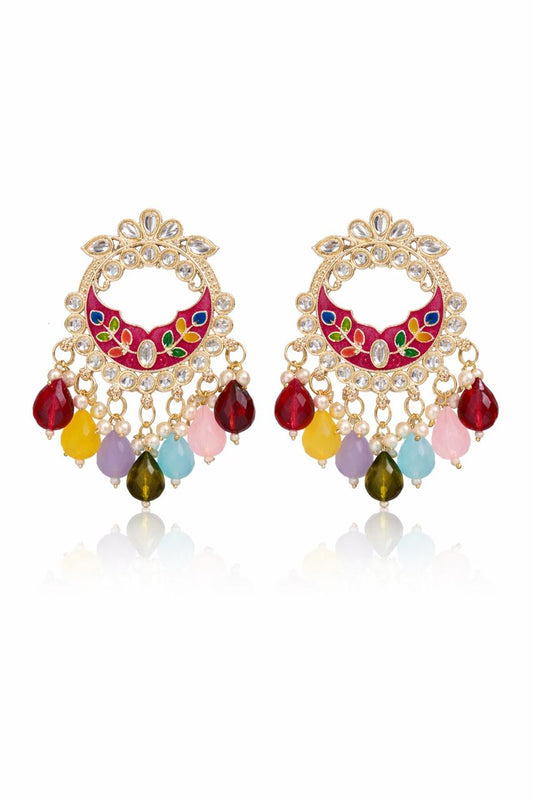 Multicolour Kundan Chandbali Earrings with Pearl Drops