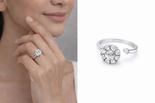 Adjustable Crystal Flower Rotating Ring for Women | Silver Plated Elegant Statement Ring