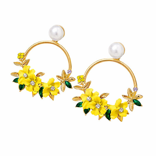 Floral Pearl Hoop Earrings for Women & Girls | Gold Plated Designer Statement Earrings | Lightweight Party Wear Jeweller